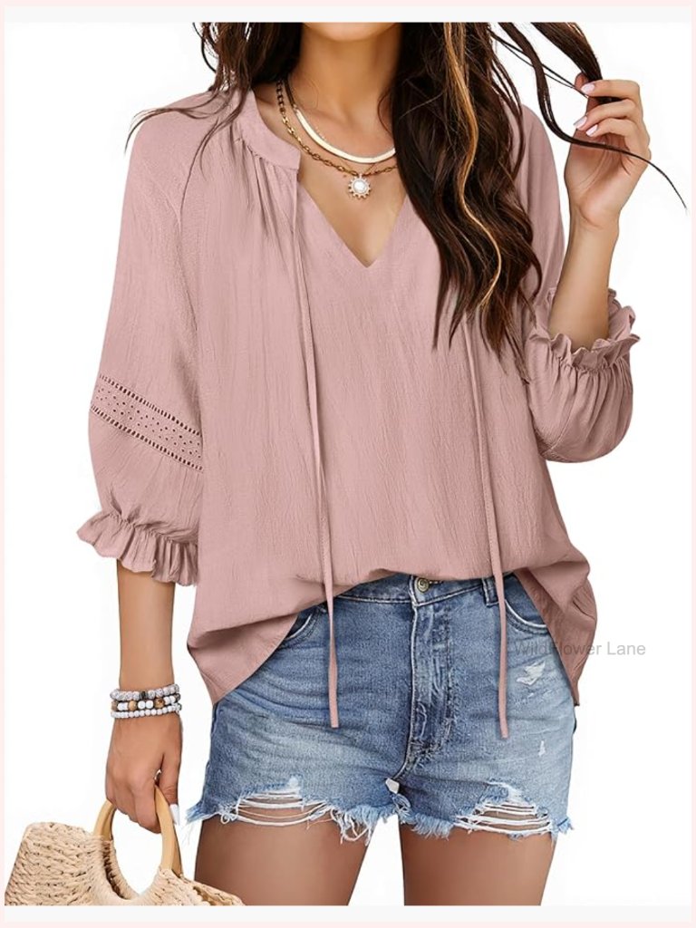 Flowy V-Neck Front Tie Top 3/4 Sleeve Blouse Boho Casual Tunic